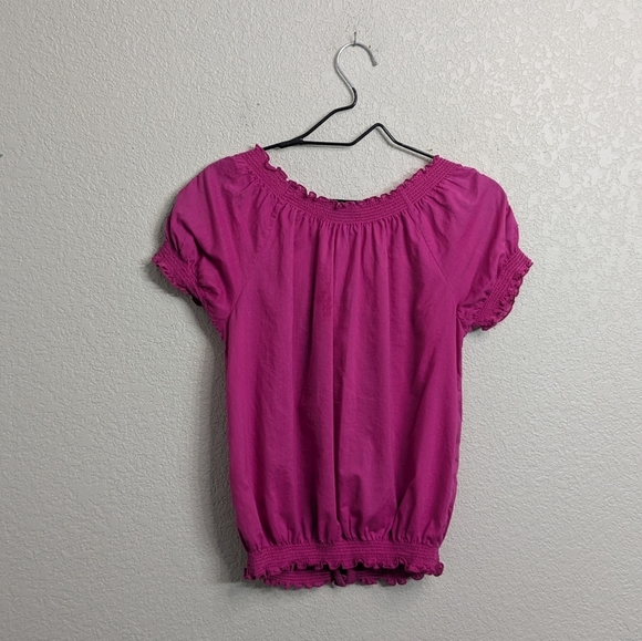 Boston Proper Pink Cotton Top Blouse Floral Embroidery Smocked Ruffle Spring 4 - Picture 3 of 11